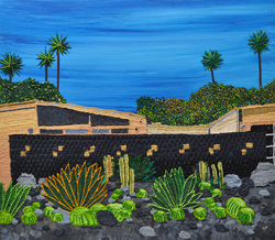 CAROLINE LARSEN - Racquet Club Estates, oil painting, house, bungalow, succulents, pool, California, Palm Springs