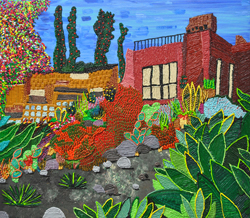 CAROLINE LARSEN - Red House, oil painting, house, bungalow, succulents, California