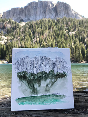 Pam Posey, Peak Above McLeod Lake, 7/28/2020, watercolor and pencil, 6 x 6 inches - 250