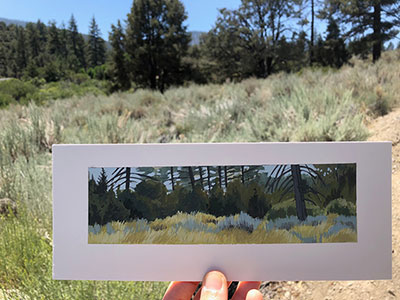 Sage & Pines, June 2020, gouache on Arches board, 2.25 x 8 inches - $425