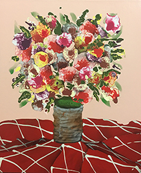 MARK POSEY - Bouquet on Red Fabric, painting, still life, los angeles, floral