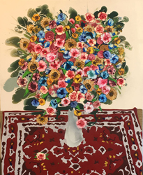 MARK POSEY - Bouquet with Red Rug, painting, still life, los angeles, grass