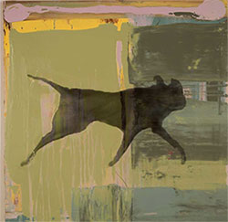 HOLLY ROBERTS - Black Dog Running, collage, photography, painting