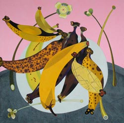 JOY TAYLOR - Life-Like #10, still life, bananas,flowers, acrylic, painting, abstract