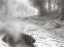 HILARY BRACE - charcoal drawing, landscape, clouds, cave