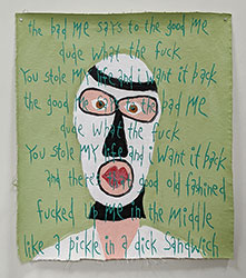 MICHAEL DEYERMOND - The Bad Me Says, mask, portrait, text, painting, California, conceptual