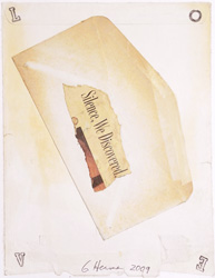 GEORGE HERMS - Untitled, Silence, We Discovered, mixed media collage, envelope on paper, text on envelope, LOVE in four corners of paper