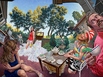 F. Scott Hess - realism, 5 people in a backyard having tea